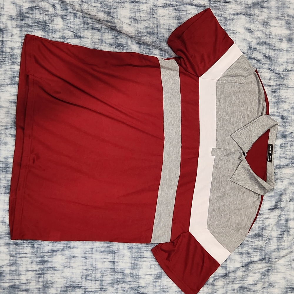 SHEIN Red and Gray Striped Polo Shirt